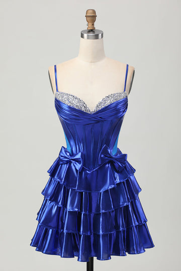 Metallic A-line Tiered Corset Short Prom Dress with Bows